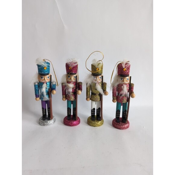 Vtg Set of 4 Glitter Nutcracker Soldier Christmas Ornaments 5 1/4" Wood - Picture 1 of 6